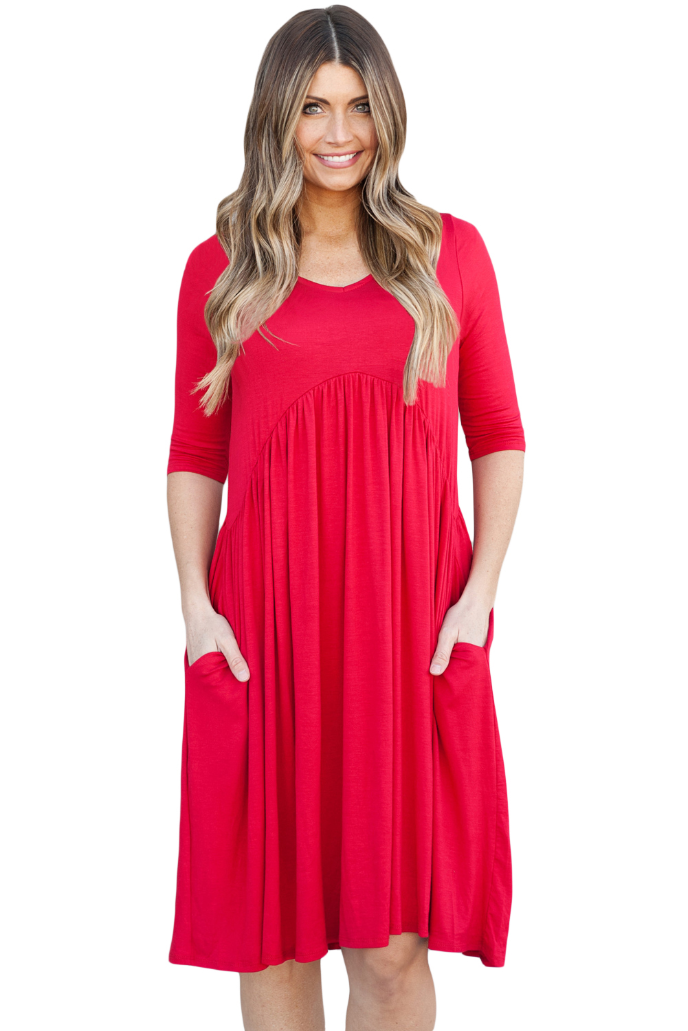 BY61653-3 Red Sleeve Draped Swing Dress